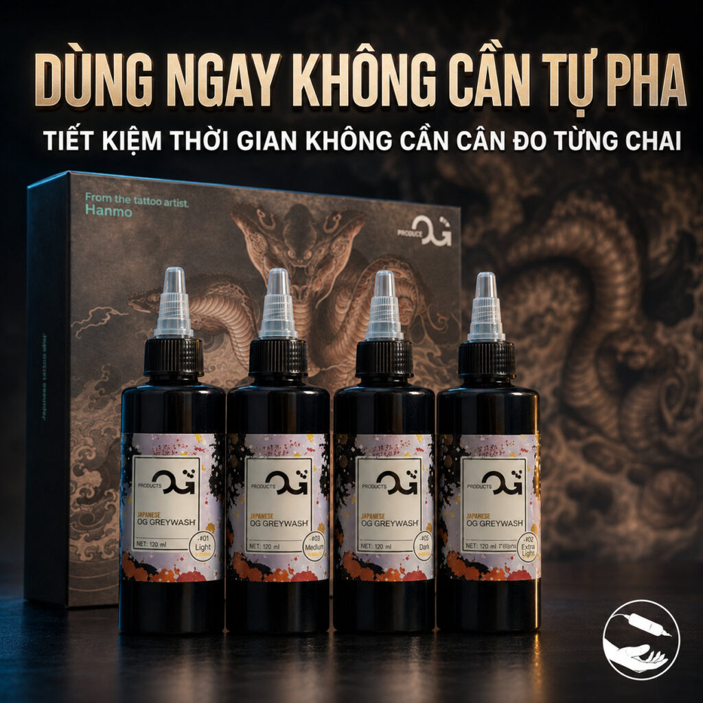 Set mực OG Greywash chuyên dùng cho xăm Nhật cổ, black and grey và đánh bóng tattoo, hỗ trợ vào mực nhanh, lên màu đều và giúp thao tác mượt hơn trên da.