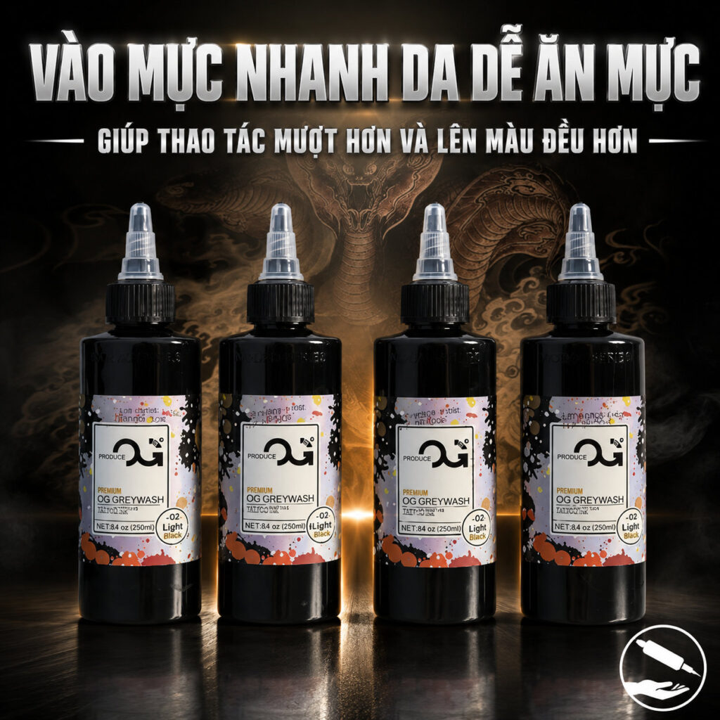 Set mực OG Greywash chuyên dùng cho xăm Nhật cổ, black and grey và đánh bóng tattoo, hỗ trợ vào mực nhanh, lên màu đều và giúp thao tác mượt hơn trên da.