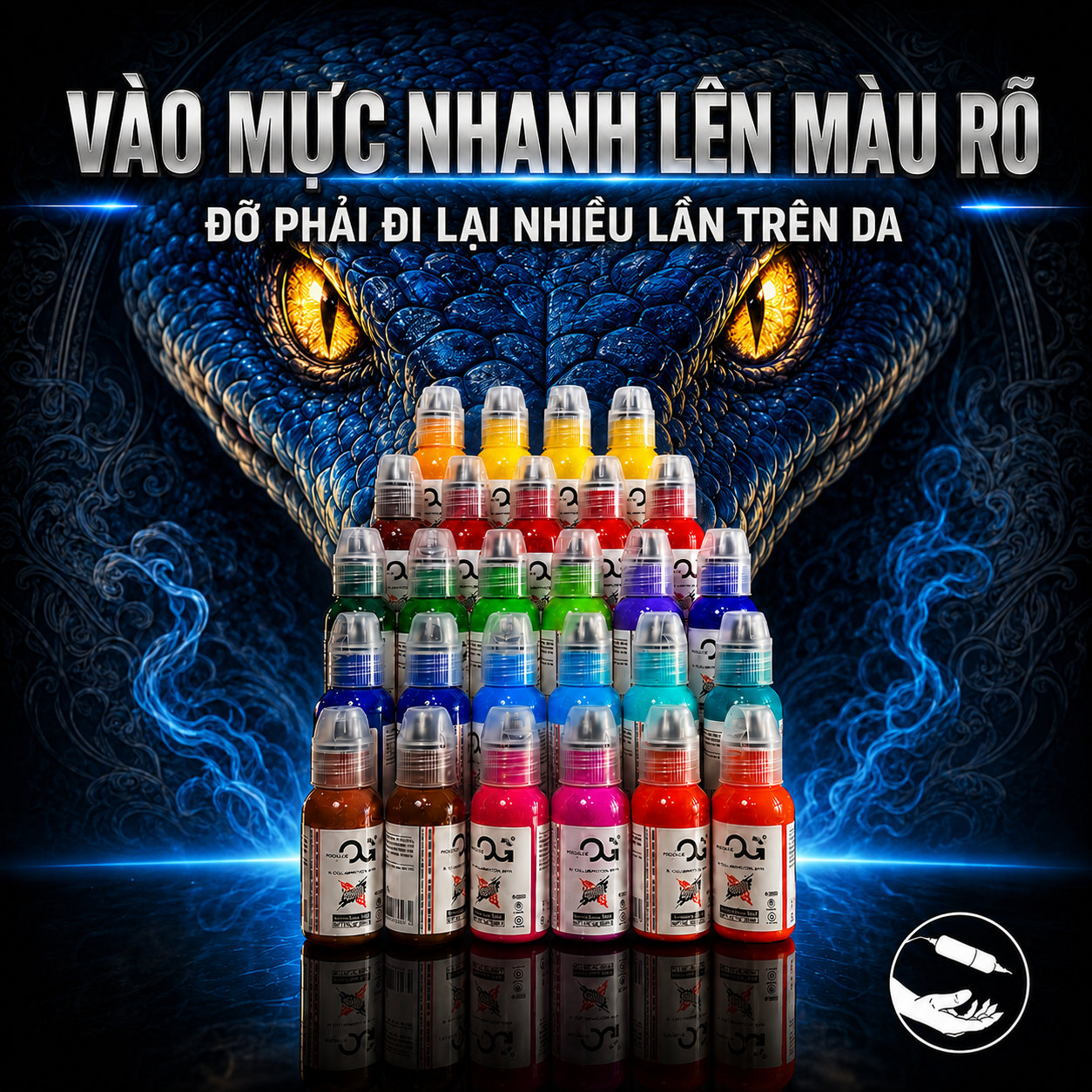 Banner mực xăm OG vào mực nhanh lên màu rõ với dàn chai nhiều màu