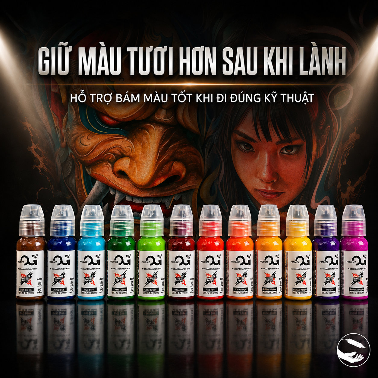 Dàn 12 chai mực xăm OG với thông điệp giữ màu tươi hơn sau khi lành