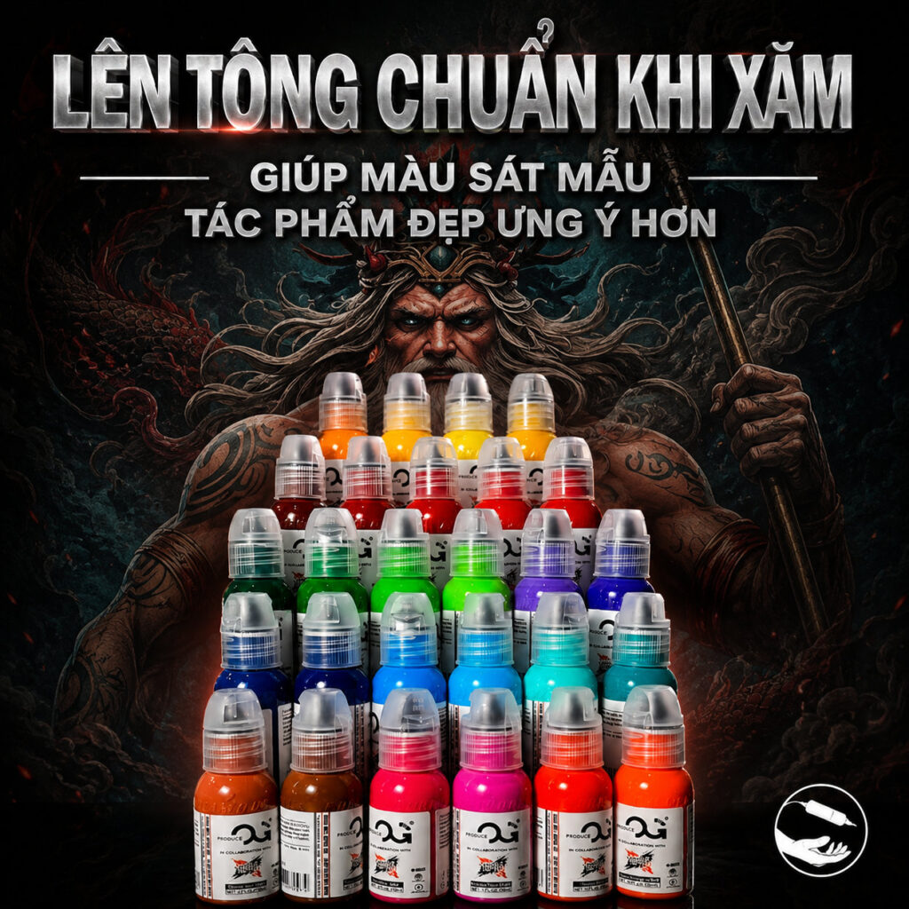 Set mực màu OG chuyên dùng cho tattoo màu, hỗ trợ vào mực nhanh, lên màu rõ và giúp thợ xăm thao tác mượt hơn khi đi màu.