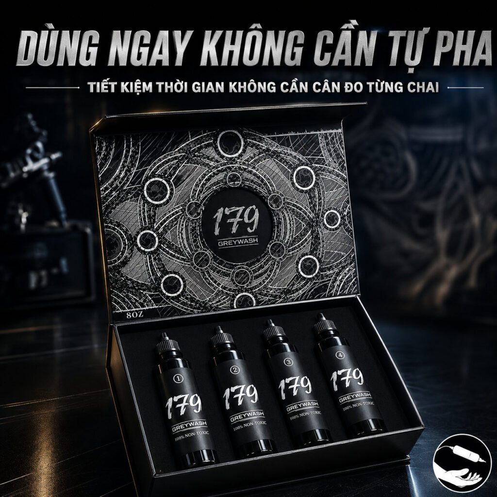 Set_muc_xam_nhat_co_179_6 (1) (1) Hộp mực xăm Nhật cổ 179INK Grey Wash bản 8oz mở nắp với 4 chai đánh số 1 đến 4