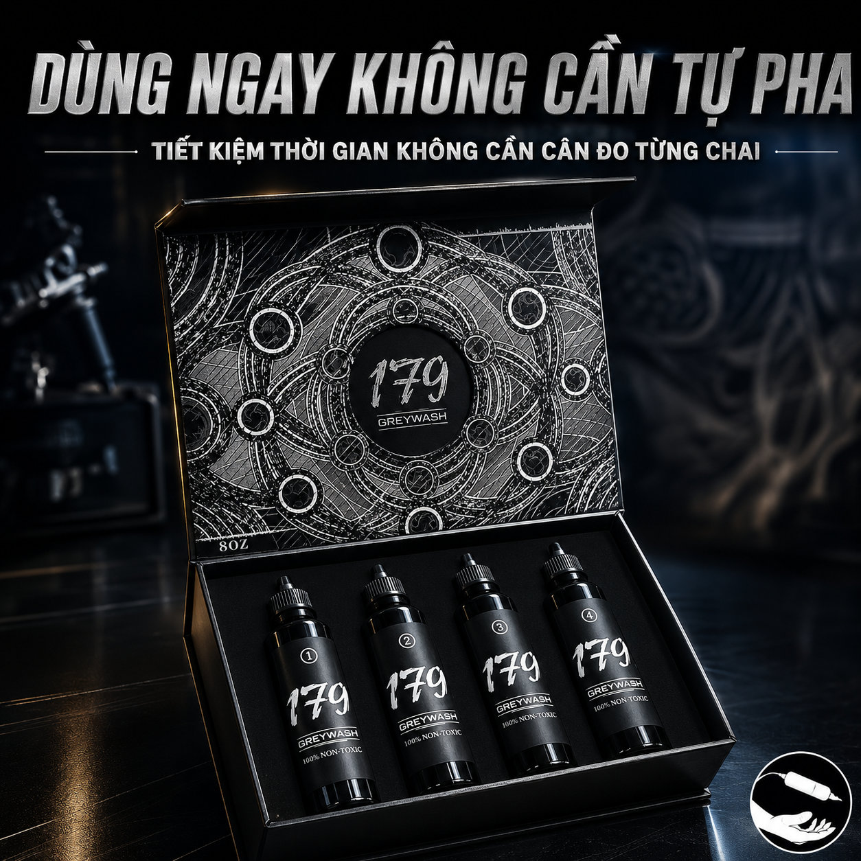 Hộp mực xăm Nhật cổ 179INK Grey Wash bản 8oz mở nắp với 4 chai đánh số 1 đến 4
