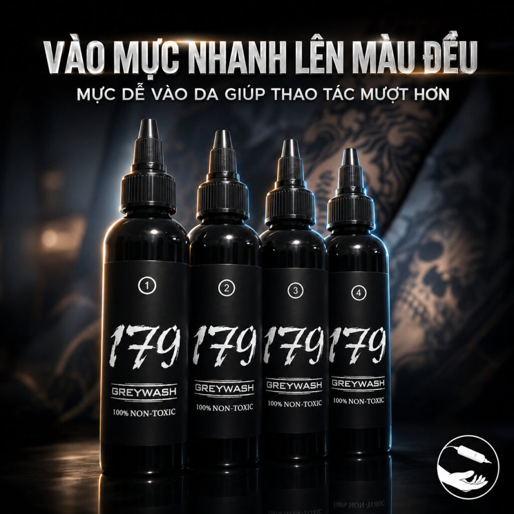 Set_muc_xam_nhat_co_179_6 (3) (1) Set mực xăm 179 Greywash chuyên dùng cho xăm Nhật cổ, black and grey và đánh bóng tattoo, hỗ trợ vào mực nhanh, lên màu đều và chuyển sắc mượt.