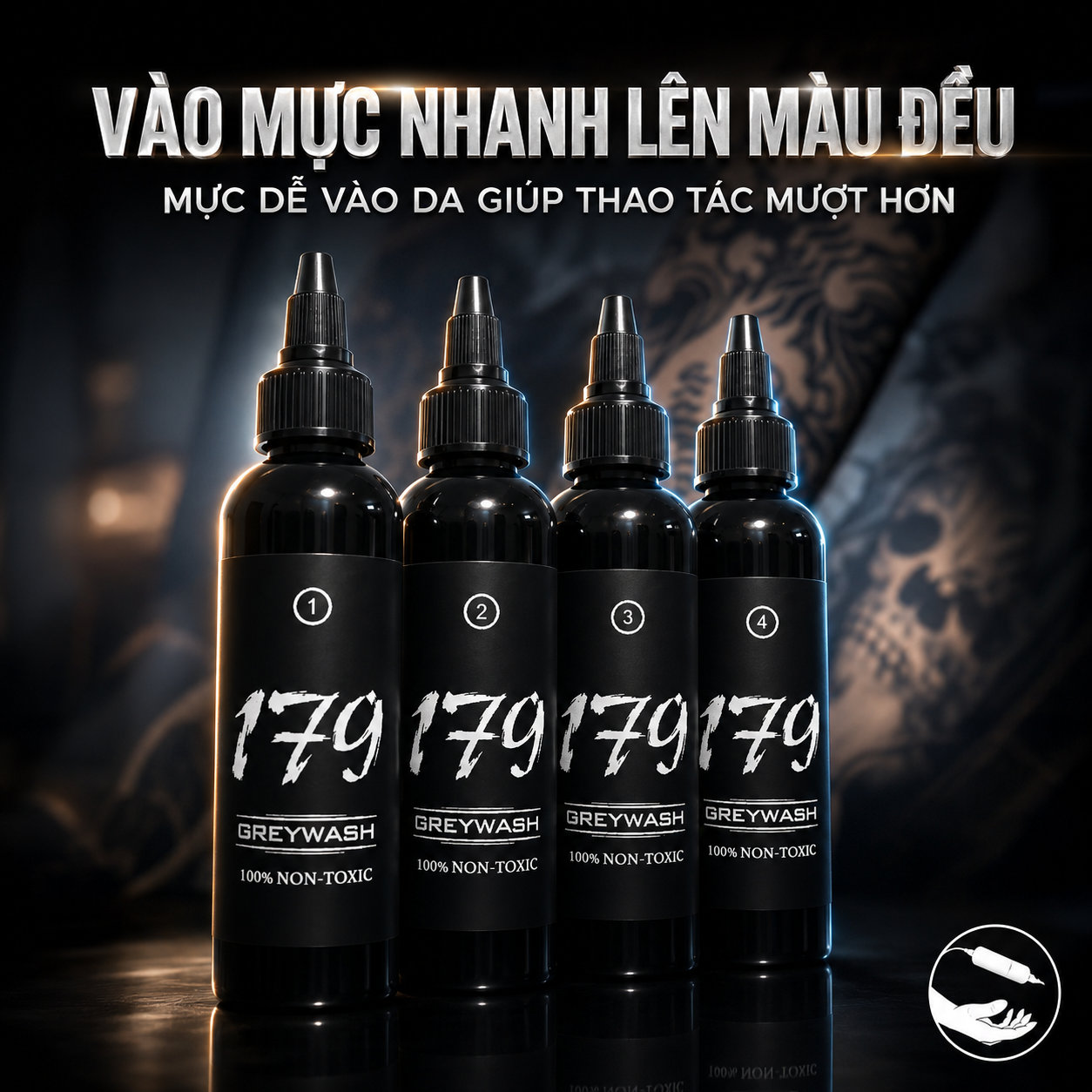 Bốn chai mực xăm Nhật cổ 179INK Grey Wash đánh số 1 đến 4 xếp cạnh nhau