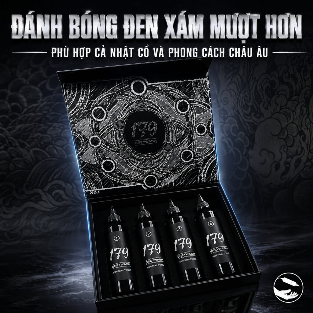 Set_muc_xam_nhat_co_179_6 (5) (1) Set mực xăm 179 Greywash chuyên dùng cho xăm Nhật cổ, black and grey và đánh bóng tattoo, hỗ trợ vào mực nhanh, lên màu đều và chuyển sắc mượt.