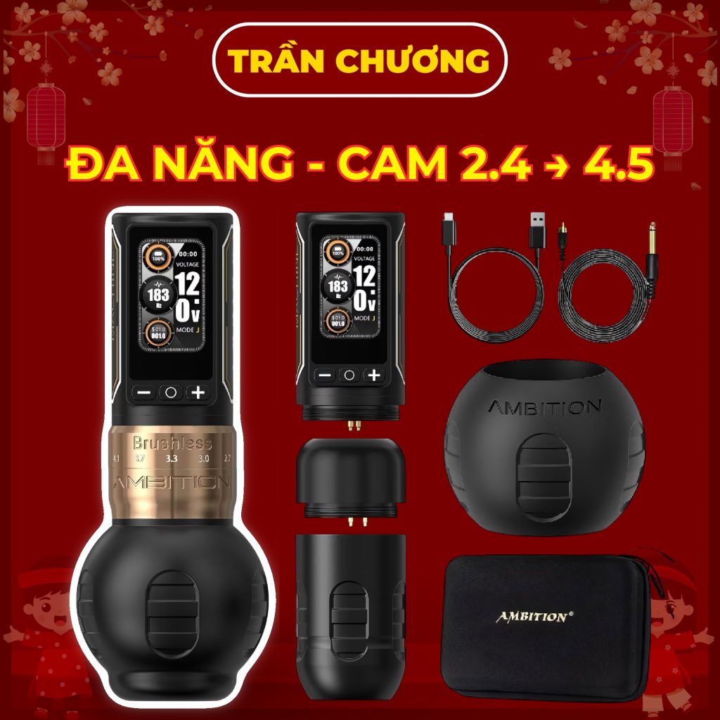 Máy xăm Ambition Ninja Max 280 pen không dây motor 280G.CM pin 2400mAh chỉnh hành trình kim 2.4-4.5mm cho thợ xăm