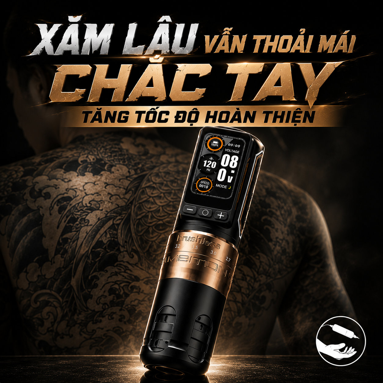 may-xam-ambition-ninja-max-280-khong-day (3) (1) Máy xăm Ambition Ninja Max 280 là máy xăm không dây dùng cho thợ xăm chuyên nghiệp, thiết kế pin rời, màn hình hiển thị điện áp và thời lượng pin, hỗ trợ chỉnh stroke linh hoạt để đi nét, đánh bóng và tô màu.