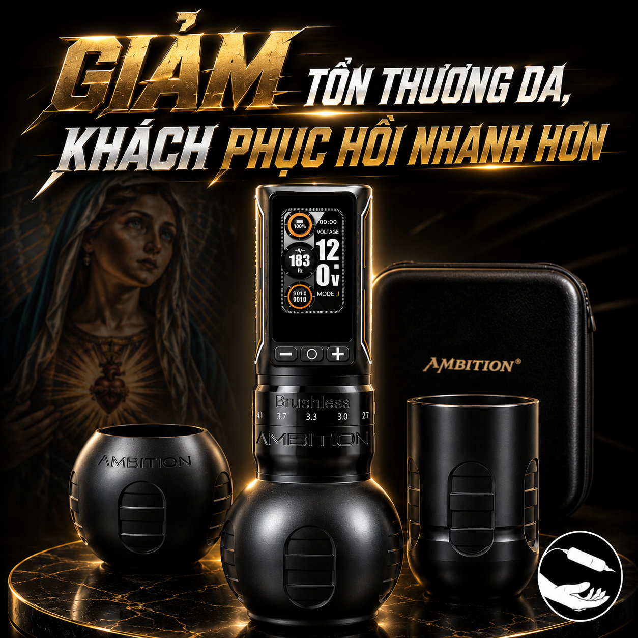 may-xam-ambition-ninja-max-280-khong-day (4) (1) Máy xăm Ambition Ninja Max 280 là máy xăm không dây dùng cho thợ xăm chuyên nghiệp, thiết kế pin rời, màn hình hiển thị điện áp và thời lượng pin, hỗ trợ chỉnh stroke linh hoạt để đi nét, đánh bóng và tô màu.