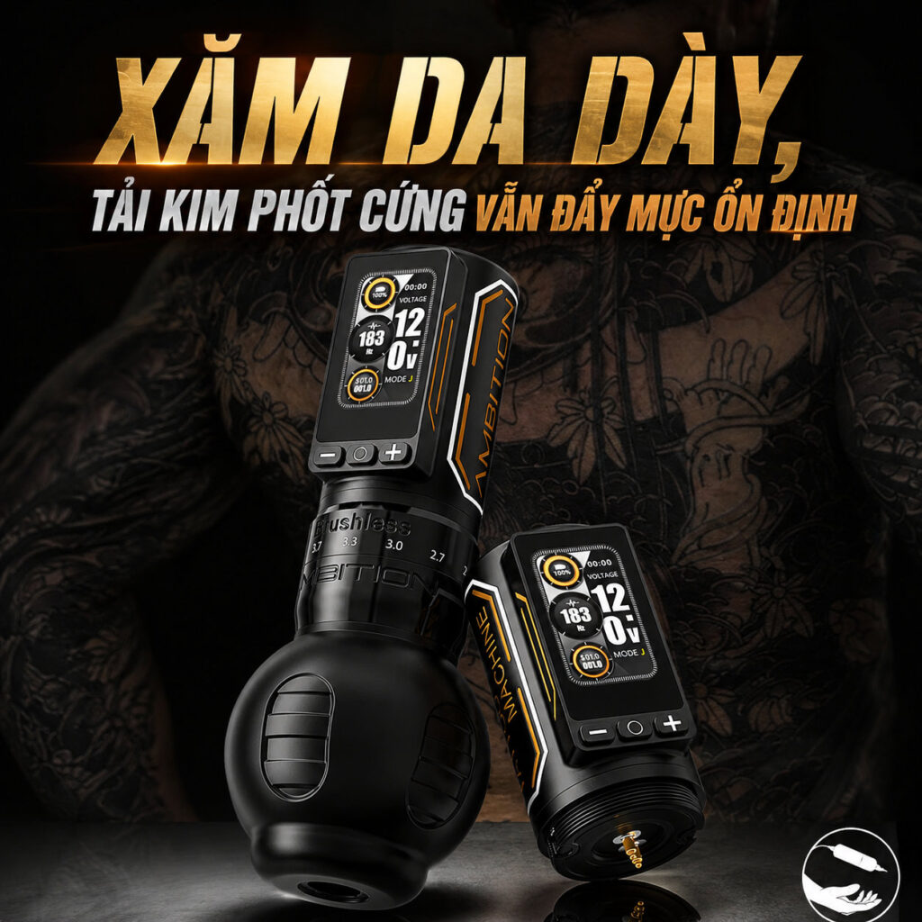 Máy xăm Ambition Ninja Max 280 là máy xăm không dây dùng cho thợ xăm chuyên nghiệp, thiết kế pin rời, màn hình hiển thị điện áp và thời lượng pin, hỗ trợ chỉnh stroke linh hoạt để đi nét, đánh bóng và tô màu.