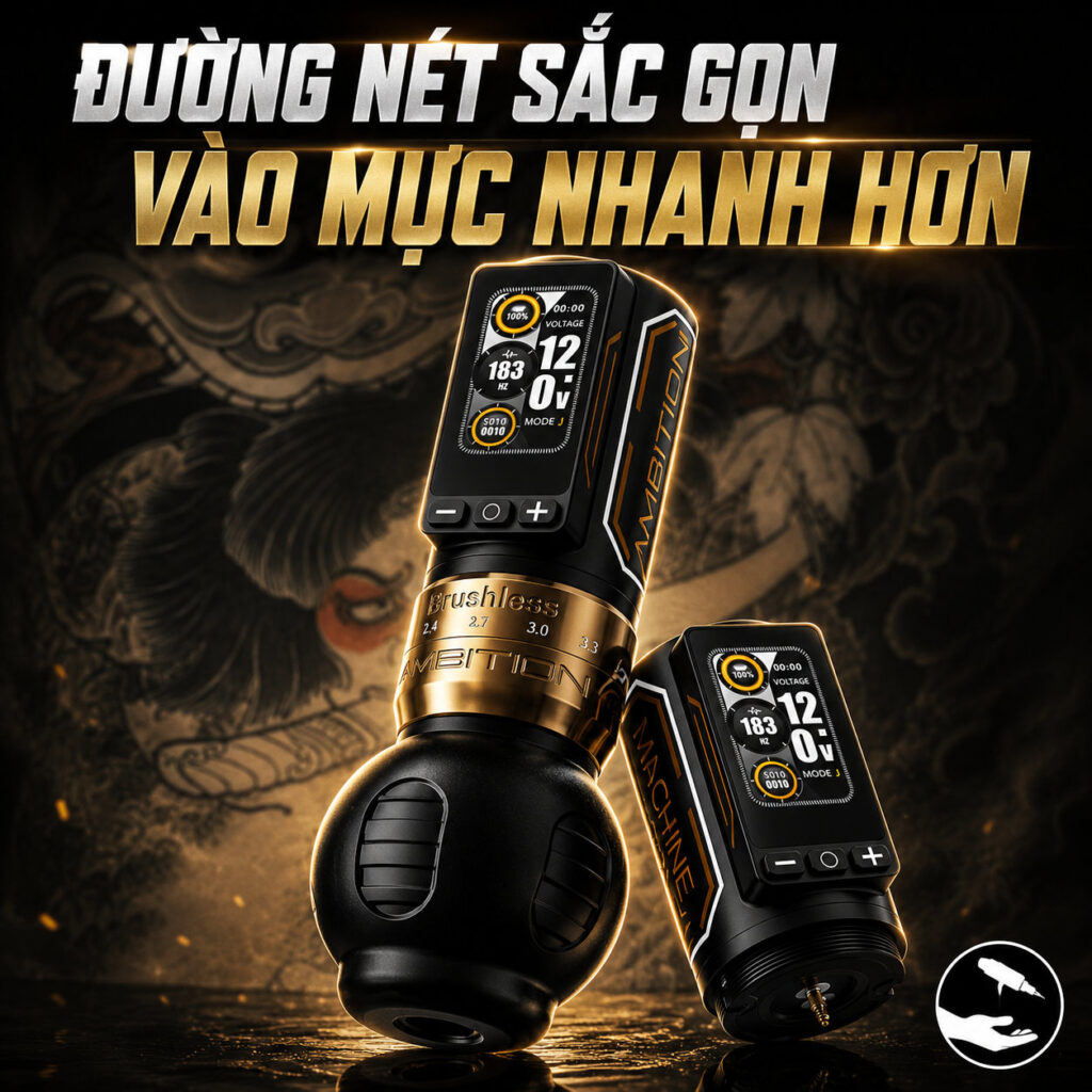 Máy xăm Ambition Ninja Max 280 là máy xăm không dây dùng cho thợ xăm chuyên nghiệp, thiết kế pin rời, màn hình hiển thị điện áp và thời lượng pin, hỗ trợ chỉnh stroke linh hoạt để đi nét, đánh bóng và tô màu.