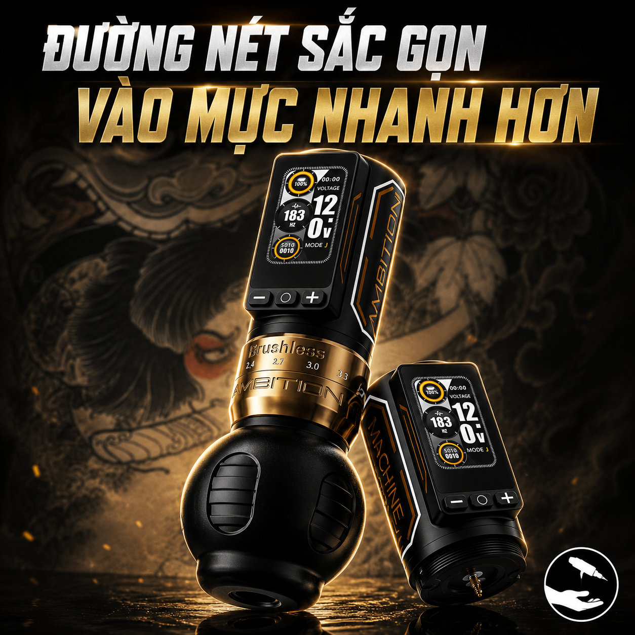 may-xam-ambition-ninja-max-280-khong-day (7) (1) Máy xăm Ambition Ninja Max 280 là máy xăm không dây dùng cho thợ xăm chuyên nghiệp, thiết kế pin rời, màn hình hiển thị điện áp và thời lượng pin, hỗ trợ chỉnh stroke linh hoạt để đi nét, đánh bóng và tô màu.