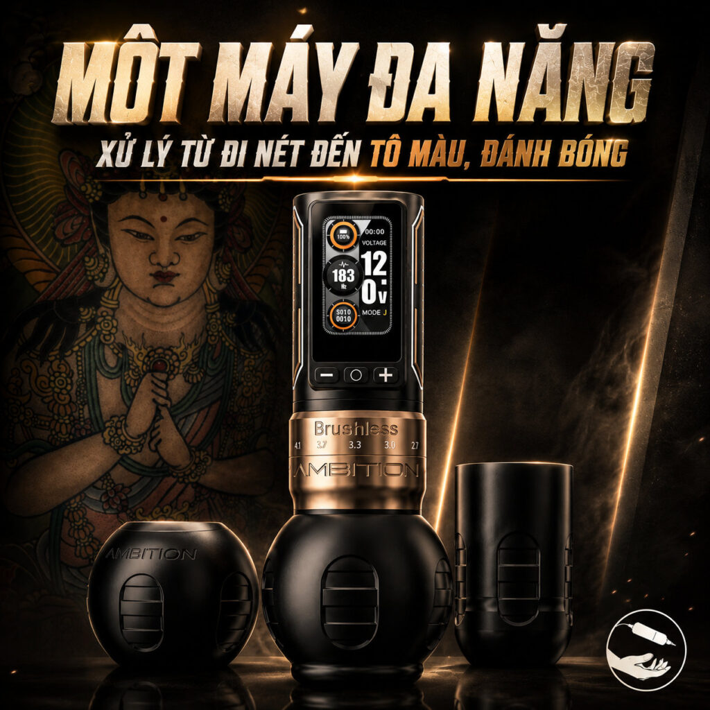 Máy xăm Ambition Ninja Max 280 là máy xăm không dây dùng cho thợ xăm chuyên nghiệp, thiết kế pin rời, màn hình hiển thị điện áp và thời lượng pin, hỗ trợ chỉnh stroke linh hoạt để đi nét, đánh bóng và tô màu.