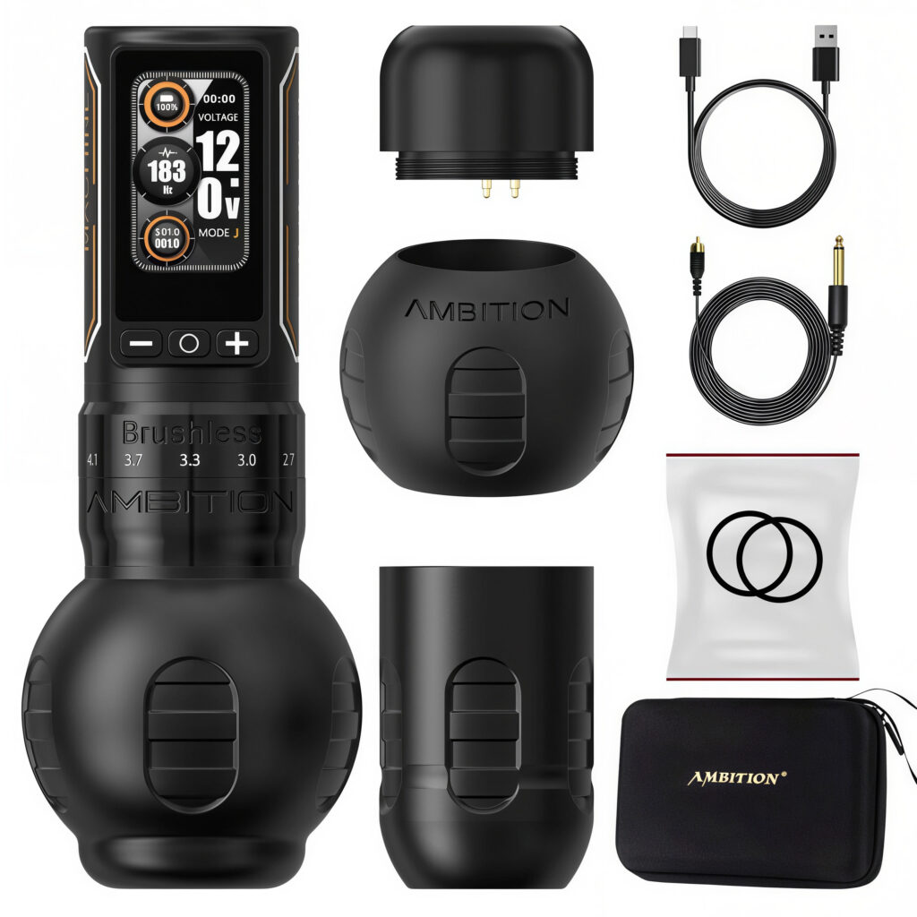 Máy xăm Ambition Ninja Max 280 là máy xăm không dây dùng cho thợ xăm chuyên nghiệp, thiết kế pin rời, màn hình hiển thị điện áp và thời lượng pin, hỗ trợ chỉnh stroke linh hoạt để đi nét, đánh bóng và tô màu.
