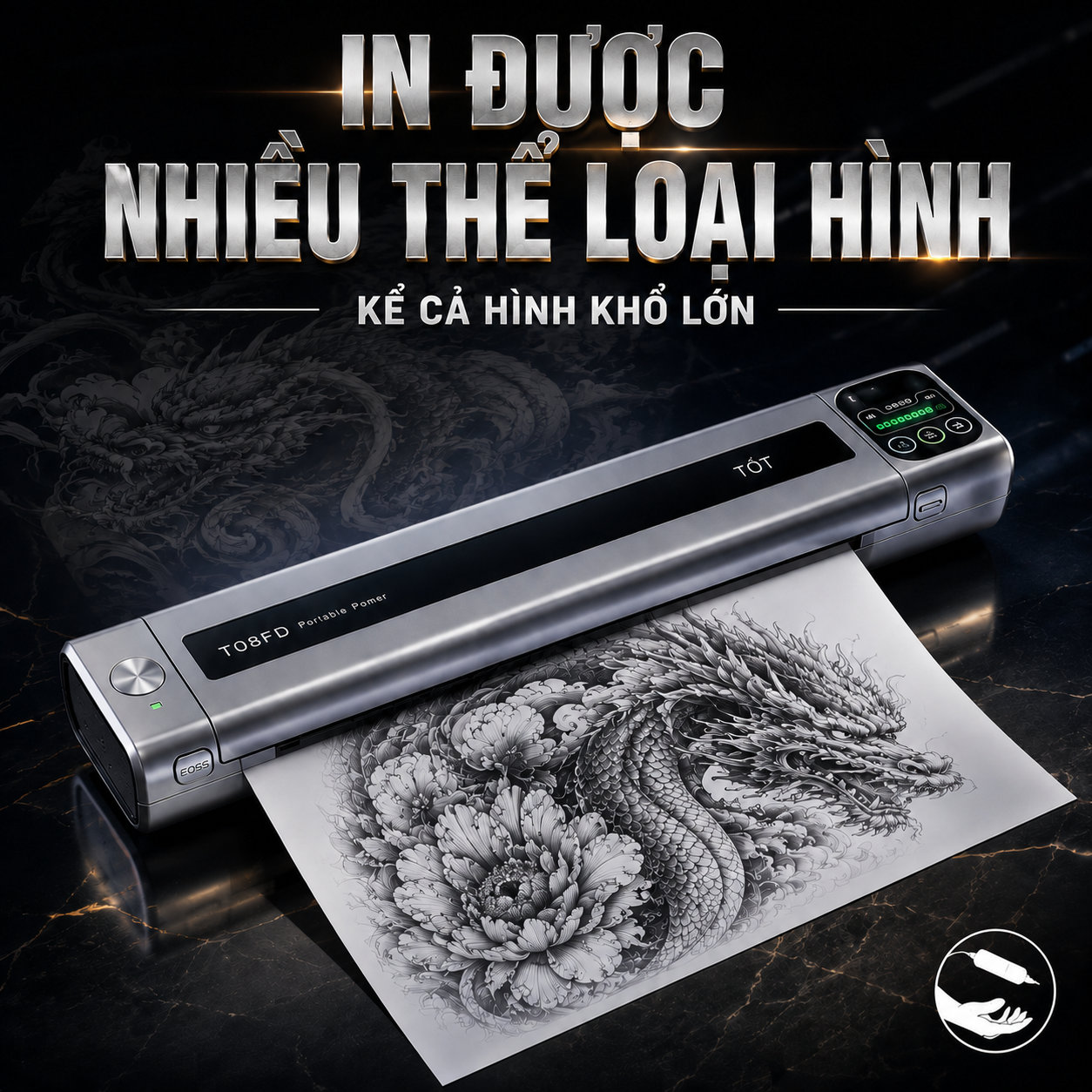 Máy scan hình xăm AIMO T08FD là máy in stencil tattoo hỗ trợ thợ xăm in mẫu thiết kế ra giấy scan nhanh hơn, có màn hình cảm ứng 2 inch giúp thao tác tiện hơn, phù hợp cho studio xăm, học viên và thợ xăm chuyên nghiệp.