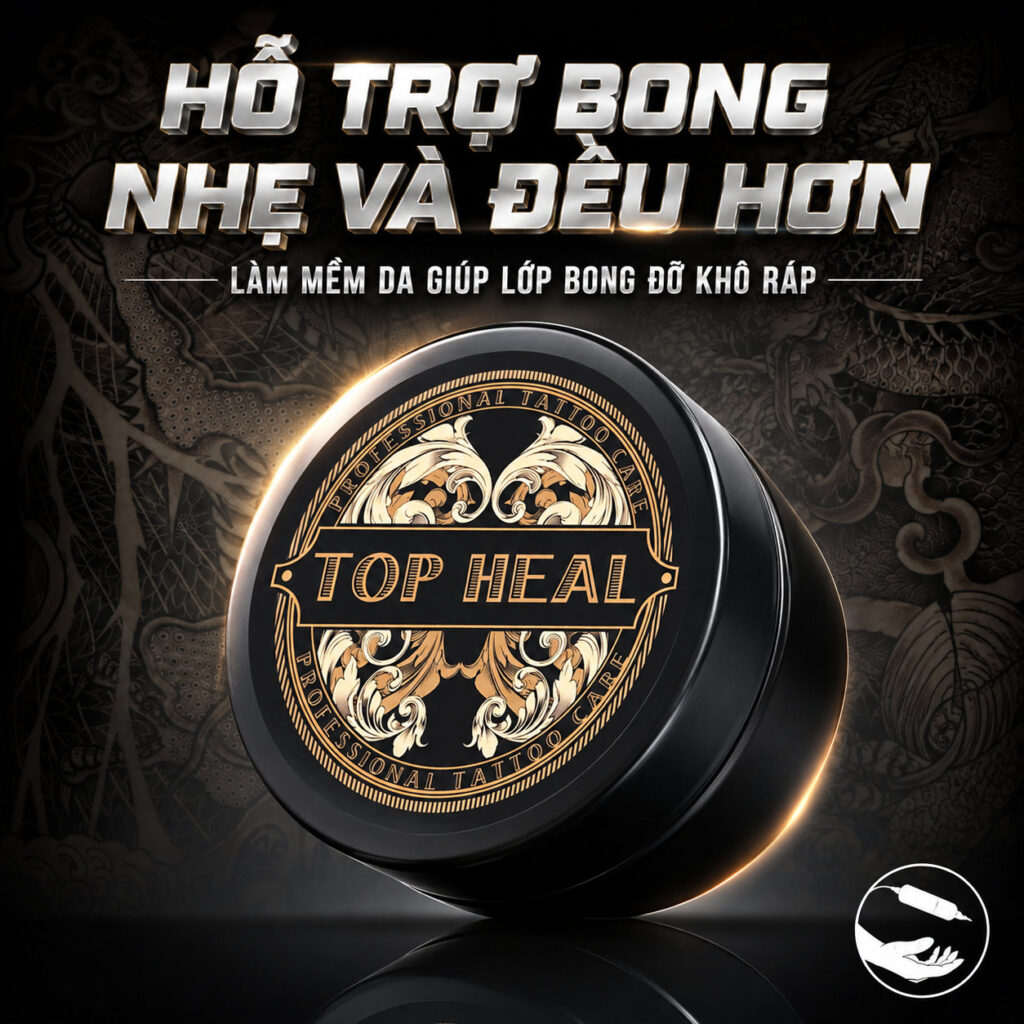 Kem dưỡng hình xăm Top Heal hỗ trợ dưỡng ẩm, làm mềm da và giúp quá trình bong sau xăm dễ chịu hơn, hạn chế cảm giác khô ráp khi chăm sóc tattoo.