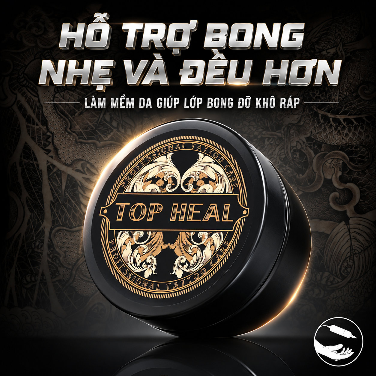 Kem dưỡng hình xăm Top Heal hỗ trợ dưỡng ẩm, làm mềm da và giúp quá trình bong sau xăm dễ chịu hơn, hạn chế cảm giác khô ráp khi chăm sóc tattoo.
