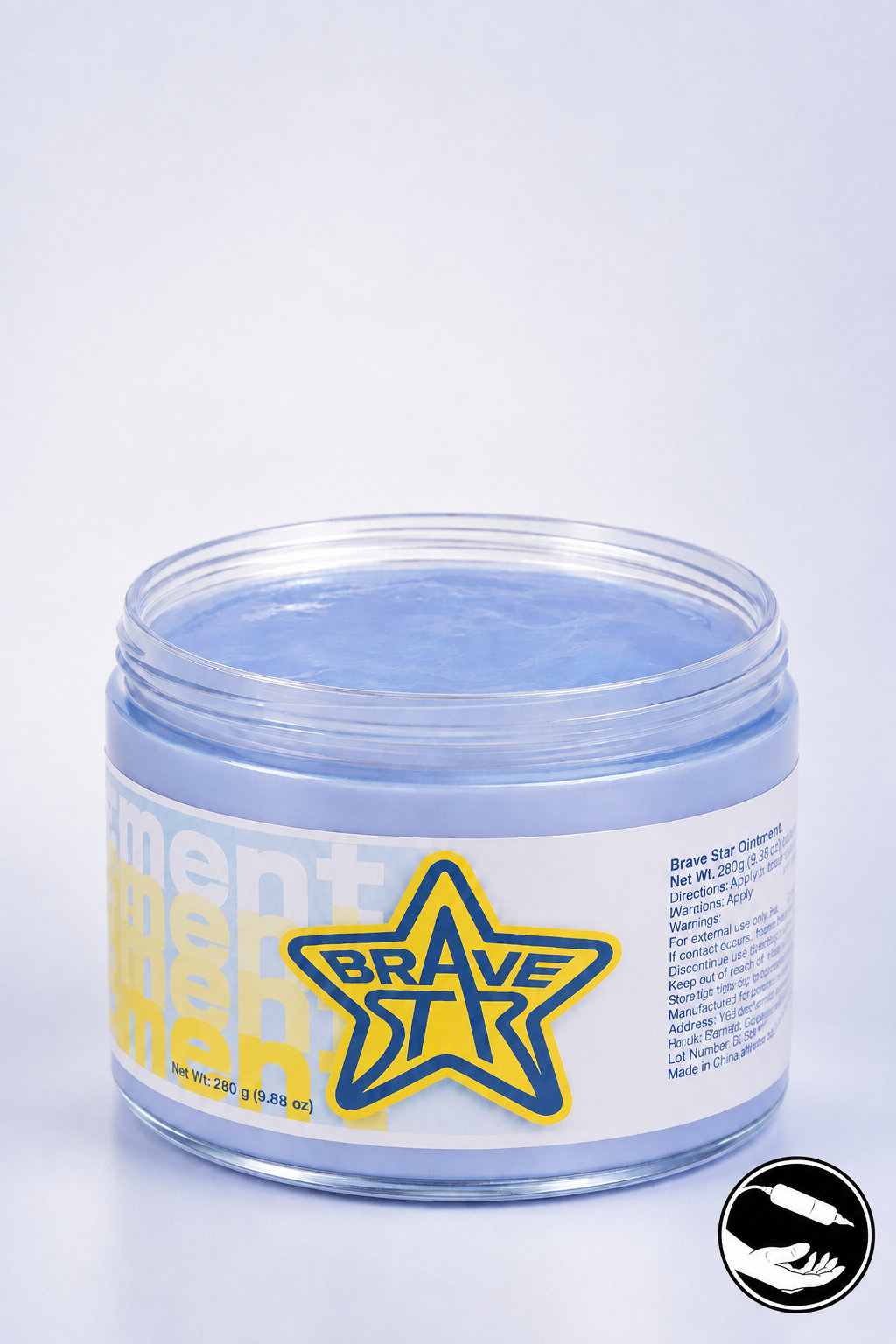 Hũ BraveStar Tattoo Ointment 280g mở nắp, thấy rõ lớp sáp màu xanh tím nhạt bên trong