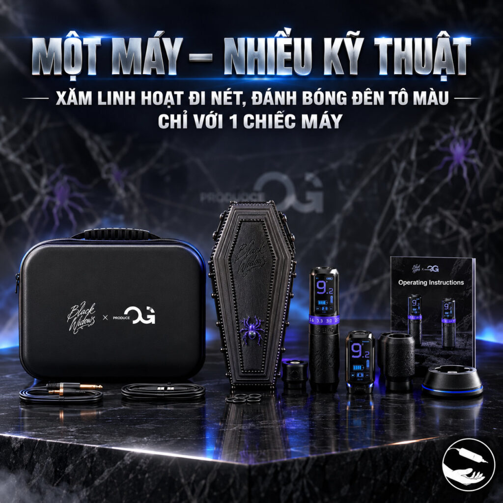 Máy xăm Black Widow OG PRODUCE Adjustable Stroke Wireless Tattoo Pen Máy xăm OG BlackWidow (OG Produce Black Widow) pen không dây 7 mức stroke 2.4–4.2mm, 2 grip, 2 pin 2000mAh